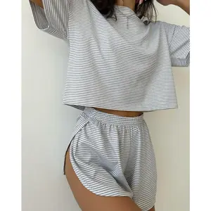 Women's Striped Print Drop Shoulder Tee & Wrap Split Shorts Pajama Set, Casual Comfy Round Neck Short Sleeve T-shirt & Elastic Waist Shorts Pj Set, Soft Loungewear for Summer Daily Sleep & Home Relax
