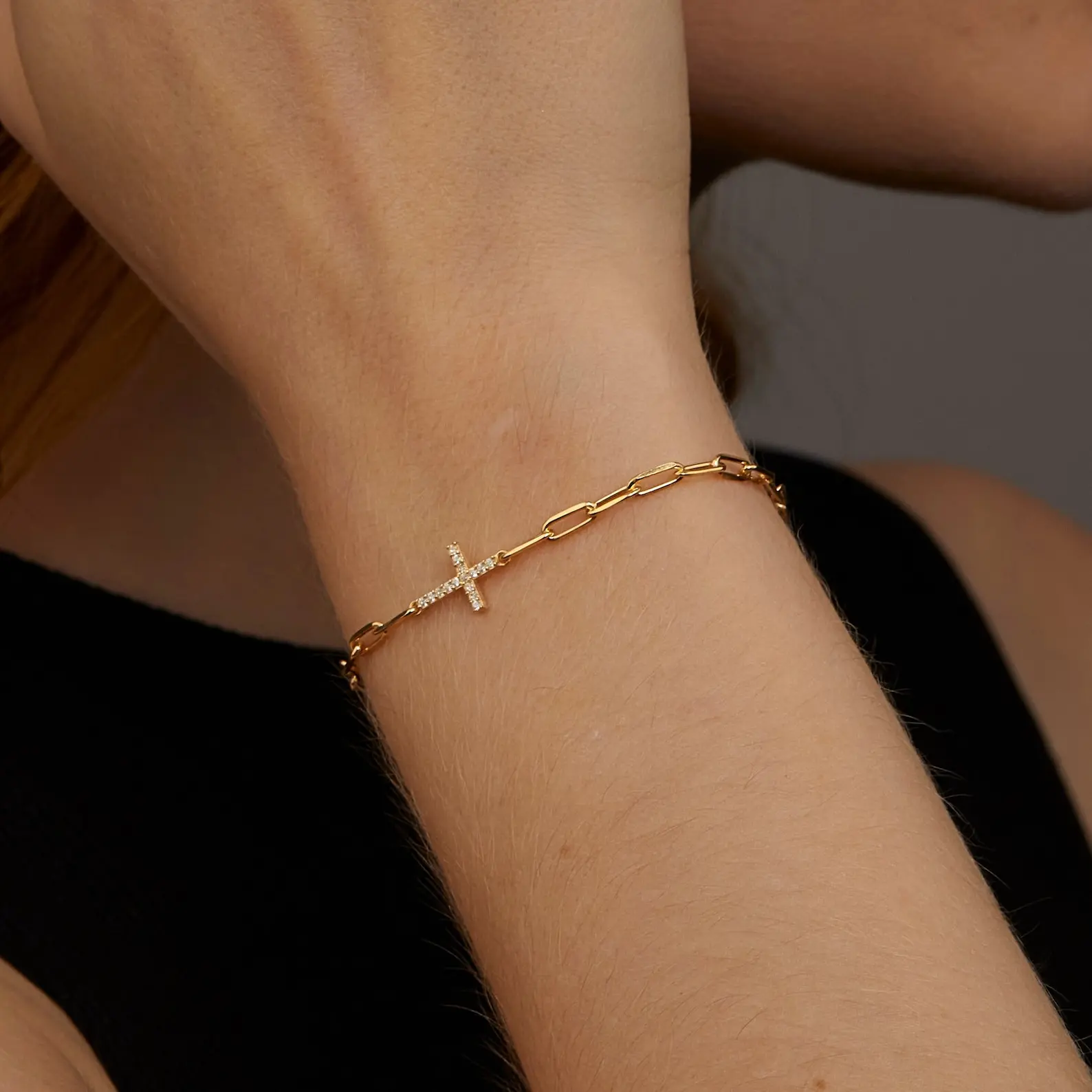 Paperclip Bracelet with Cross Charm - 14K Gold Plated - Adjustable Length-  Jewelry For Women