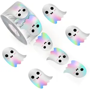 600pcs Halloween Ghost Stickers Roll Laser Cute Ghost Halloween Stickers Decorations Waterproof Self-Adhesive Label Decal for Kids Adults Gift Tags Envelope Craft