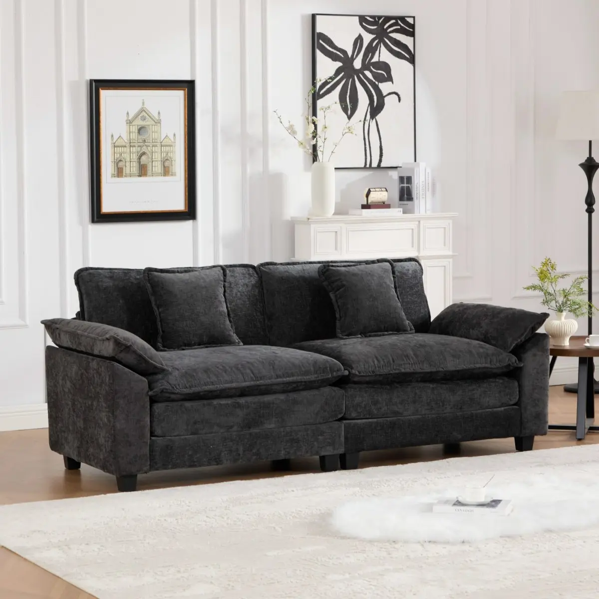 SW5042BK Black Modern 2-Seat Modular Sectional Loveseat - Wider Arms, Medium-Soft Double Layer Upholstered Foam Seat Cushion, Breathable Chenille Fabric, Easy Setup, for Bedroom & Various Room Types (Ottoman Not Included), Modular Sectional Couch, Two Sea