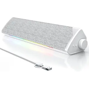 Speakers, USB-  PC Soundbar with Dynamic RGB LED Lights, Surround Sound for Desktop, Laptop, Office, Work,  & Gaming White (USB-C to USB Adapter Included)