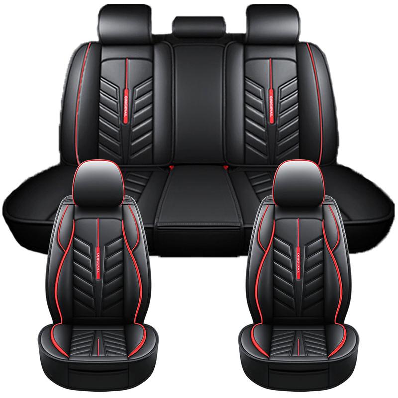 All-Season Faux Leather Car Seat Covers with Red Stitching & Diamond Pattern Universal Fit for Most Vehicles