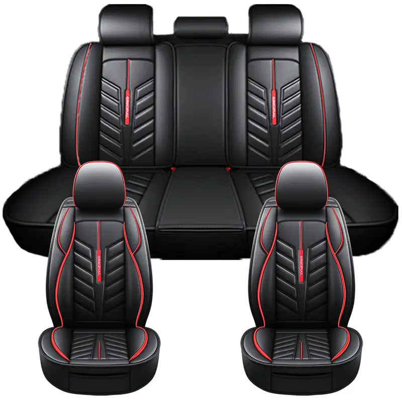 All-Season Faux Leather Car Seat Covers with Red Stitching & Diamond Pattern Universal Fit for Most Vehicles