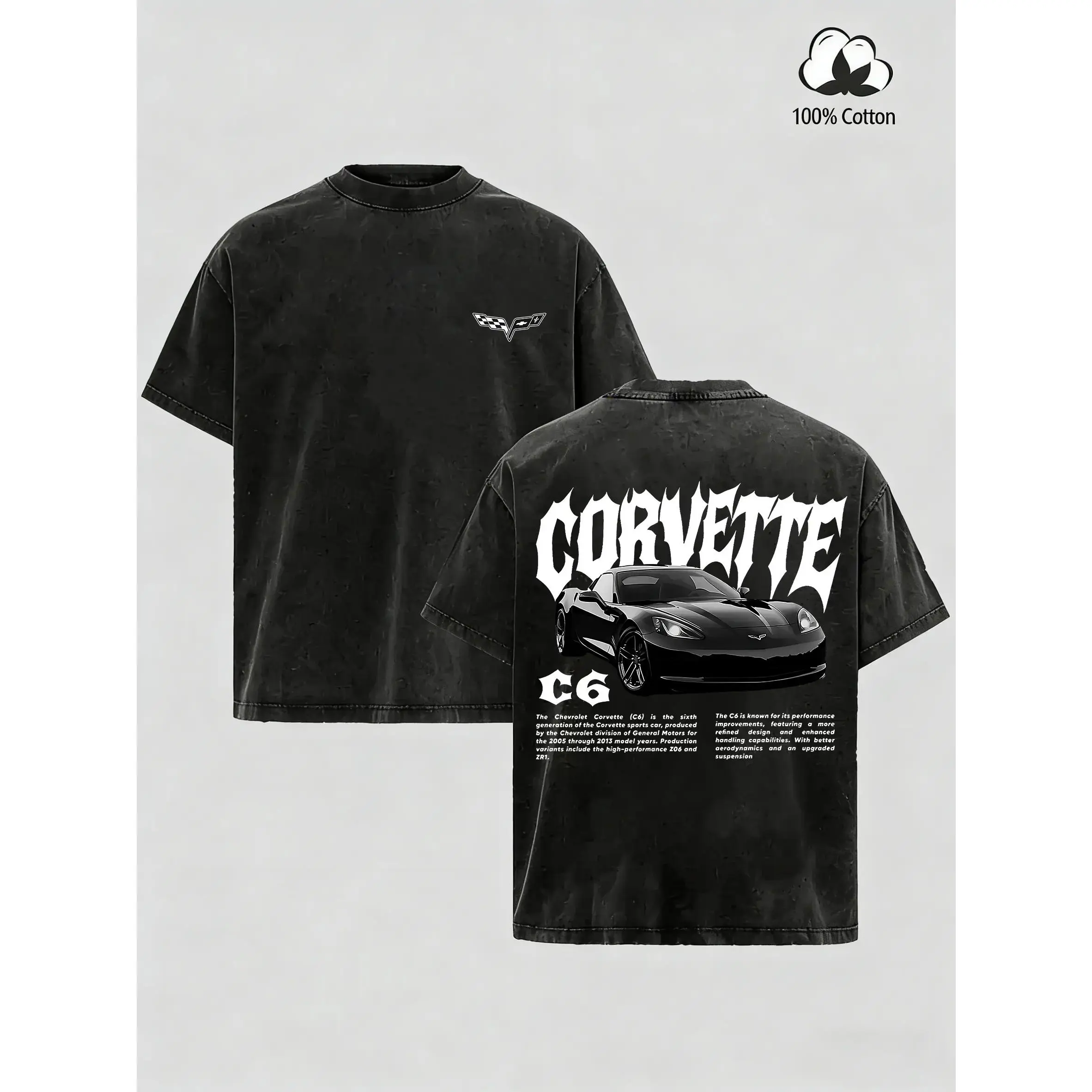 Vintage Washed Corvette C6 Graphic T-Shirt,  Washed Racing Car Tee, 100% Cotton Crewneck, Classic Sports Car Merch for Men & Boys, Trendy Retro Unisex Top
