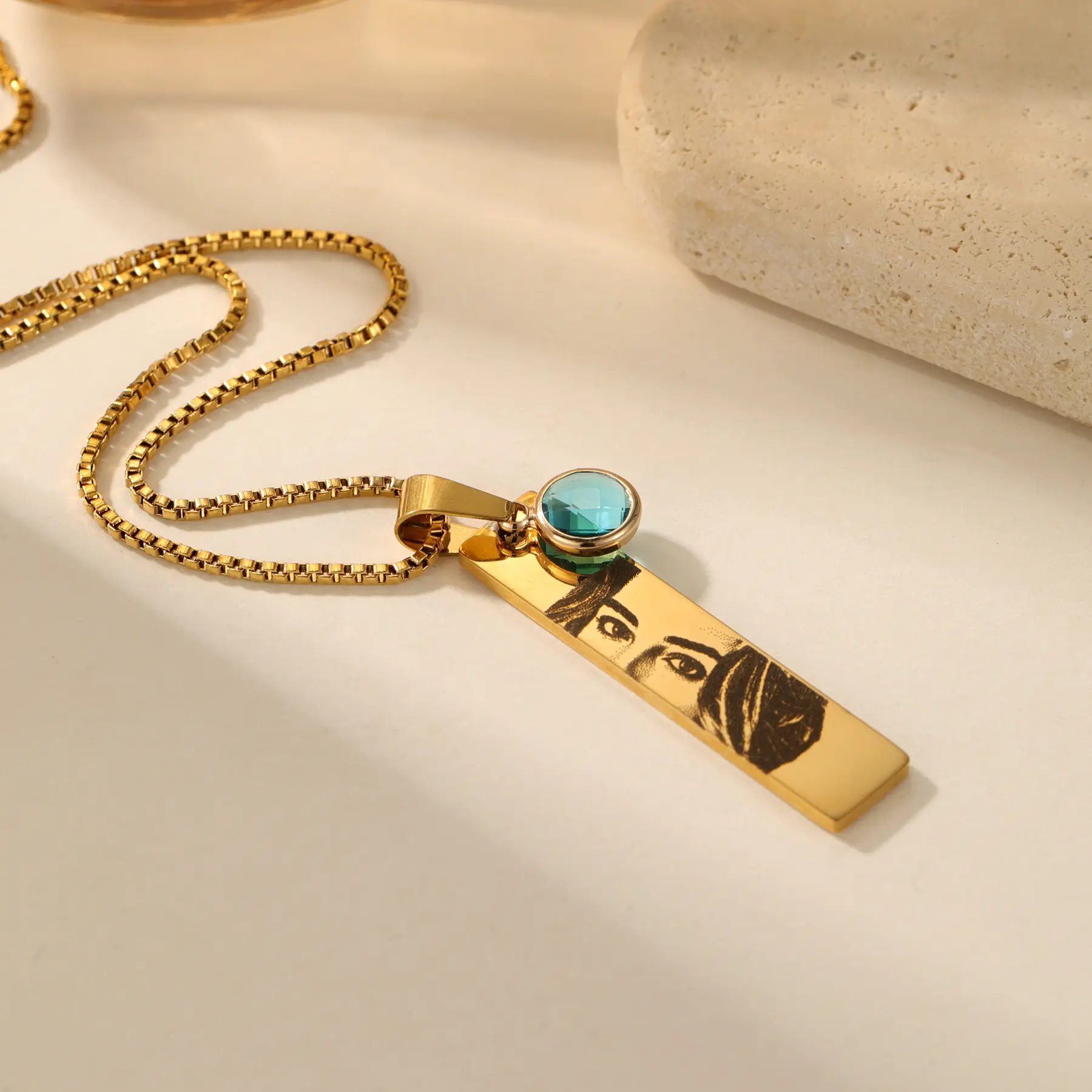 Engraved Eyebrow and Eye Design Necklace with Birthstone Pendant Cuban Chain 18K Gold Plated Mystical Jewelry Gift for Her