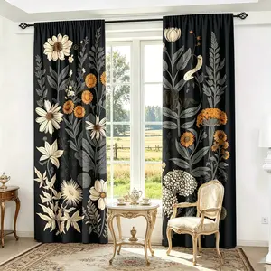 Two piece set, made of polyester material, with black floral print and semi transparent curtains, suitable for decorating bedrooms, living rooms, offices, and homes. It features a pole bag design for easy hanging, Window Curtain