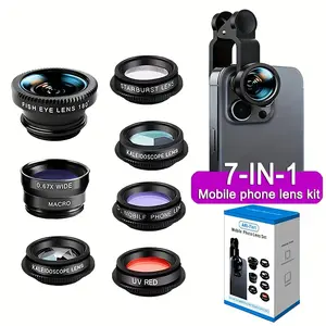 7-in-1 universal mobile camera lens kit, equipped with universal snap-in - panoramic lens, macro lens, fisheye lens, polarizing lens, starlight lens combination, suitable for smartphone photography - compatible with products for iPhone and Android