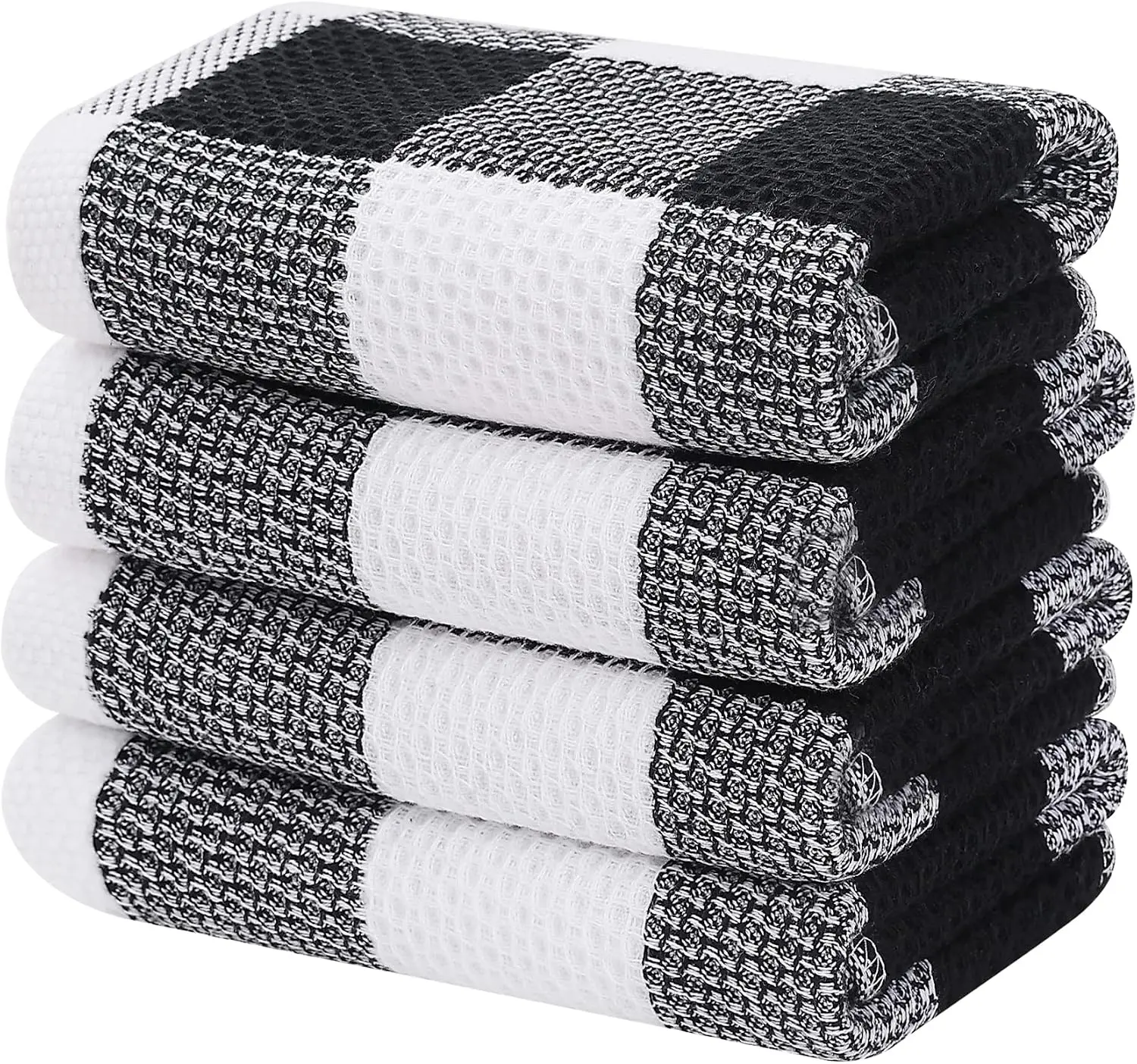 100% Cotton Waffle Weave Check Plaid Kitchen Towels, 13 28 Inches, Super Soft and Absorbent Dish Towels for Drying Dishes, 4-Pack, White & Black