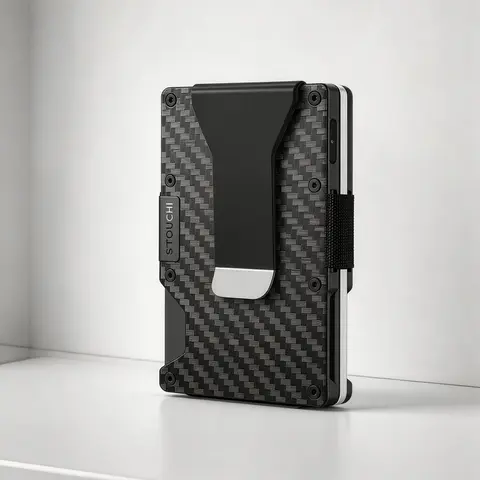 Stouchi Men's Carbon Fiber Minimalistic Slim Wallet - RFID Blocking Carry All Organizer with AirTag Slot, Front Pocket, Slim Card Storage, RFID Wallet Find My, Holds Up to 15 Cards, GPS Locator Mens Gifts