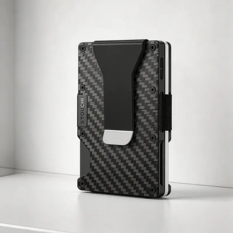 Stouchi Men's Carbon Fiber Minimalistic Slim Wallet - RFID Blocking Carry All Organizer with AirTag Slot, Front Pocket, Slim Card Storage, RFID Wallet Find My, Holds Up to 15 Cards, GPS Locator Mens Gifts