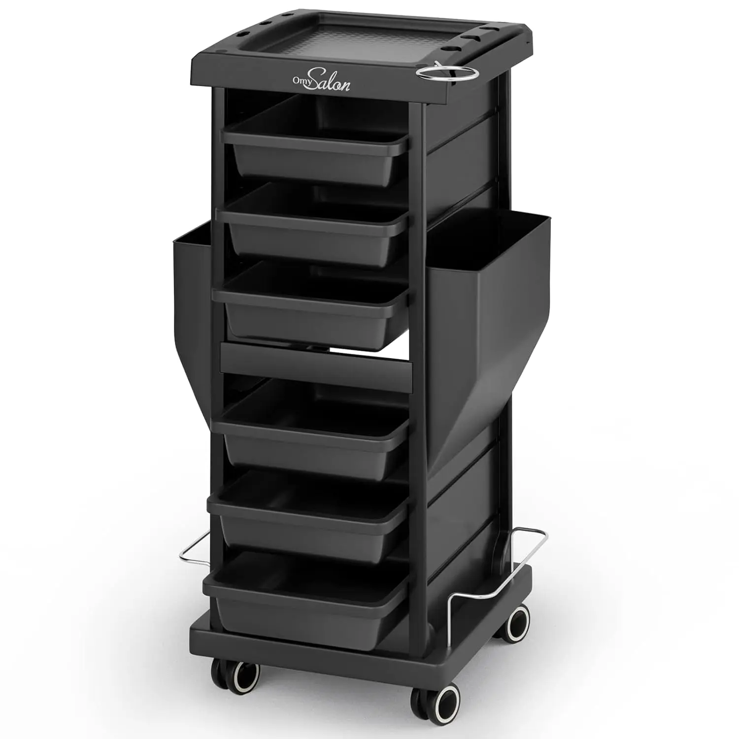OmySalon Sturdy Stable Commercial Salon Trolley Cart Furniture - 6-Drawer Rolling Cart with Dryer Holder, Removable Chrome Ring, Salon Styling Tool & Makeup Storage for Hairstylists