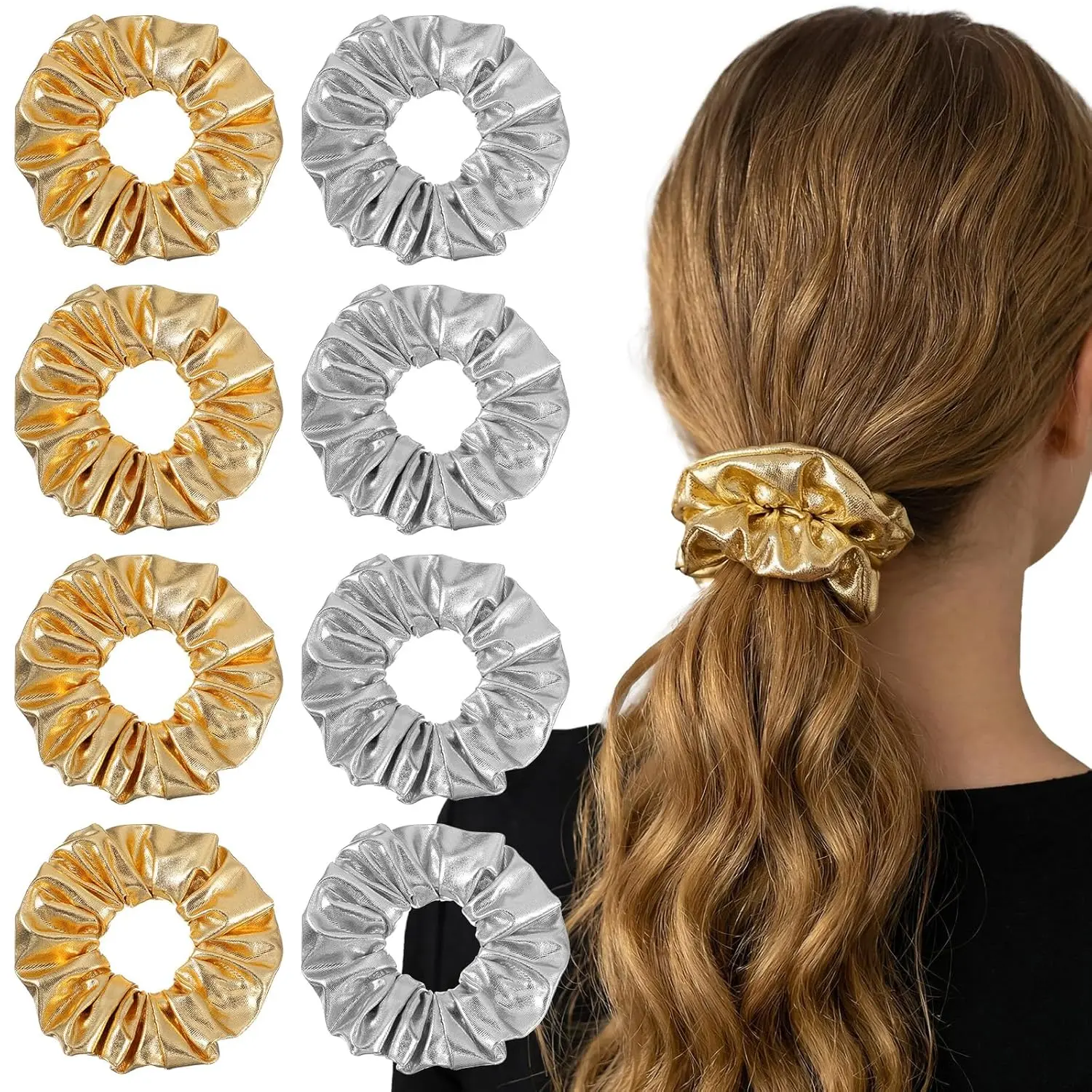 8 PCS Gold & Silver Metallic Scrunchies for Women Girls – Soft PU Leather Hair Ties, Elastic Ponytail Holders, Shiny Hair Accessories for Daily Wear, Cheer, Party & Fashion Hairstyles