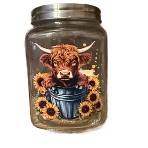 Glass Treat Jar with Adorable Highland Cow Design and Sunflower Accents for Pet Treats and Storage