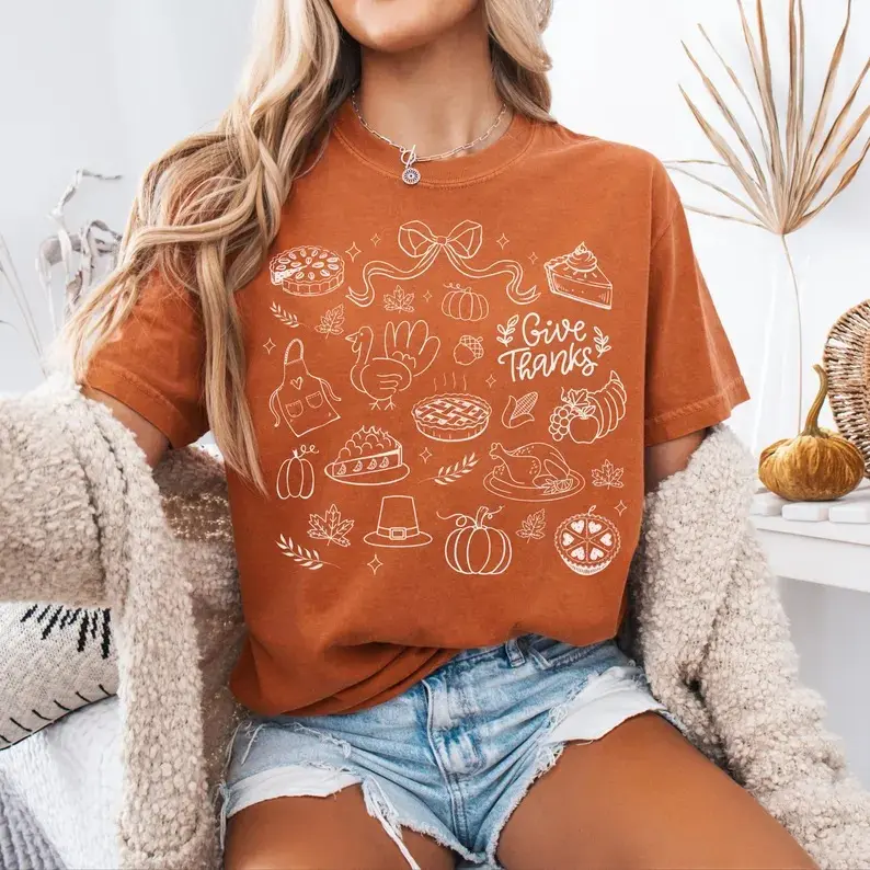 Comfort Colors Thanksgiving Doodle Shirt, Give Thanks Tshirt, Fall Thankful Tee, Women's Autumn Gift, Pumpkin Pie Shirt, Fall Harvest Tee