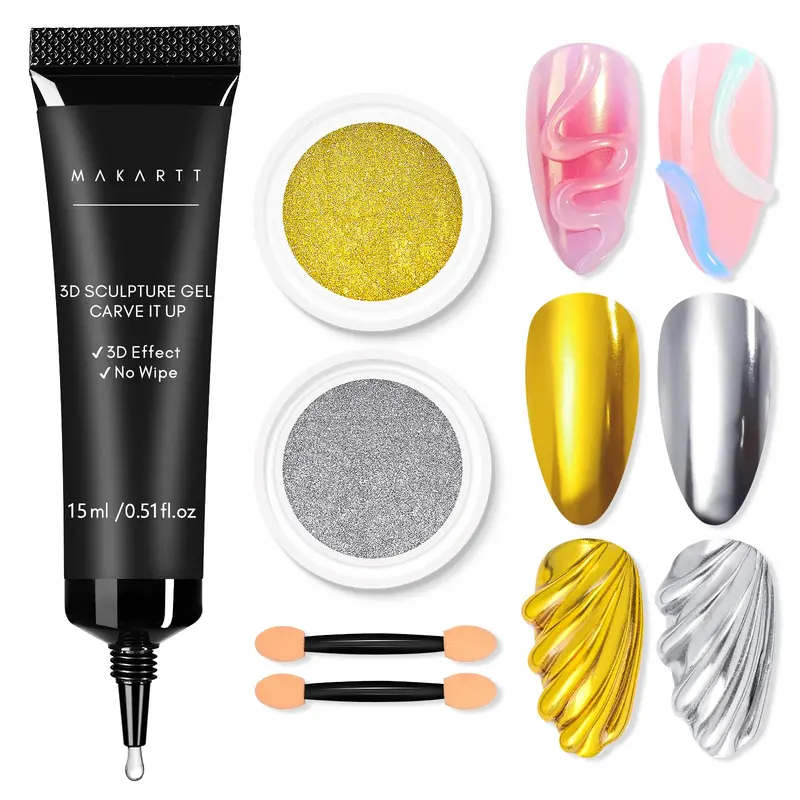 Makartt 3D Nail Gel and Chrome Nail Powder Kit, Sculpting Gel for Nail Art, 15g DIY Craving Gel, No wipe 3D Molding Gel and Metallic Chrome Powder Set for Nails Decoration Manicure Pedicure Use Nail Care Nail Polish
