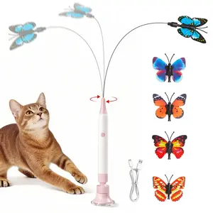 Electric Rotating Butterfly Cat Toy, Interactive Teaser Wand with Replaceable Attachments Rechargeable Chirping Flapping Bird Toy