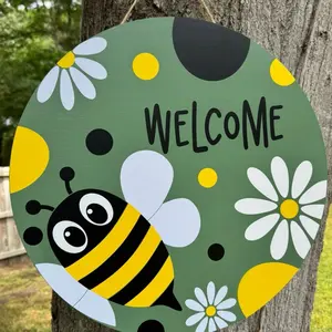 Bee Welcome Door Sign | Summer Front Door Decor | Daisy & Bumble Bee Wooden Round Sign | Farmhouse Porch Decor | Handmade Door Hanger