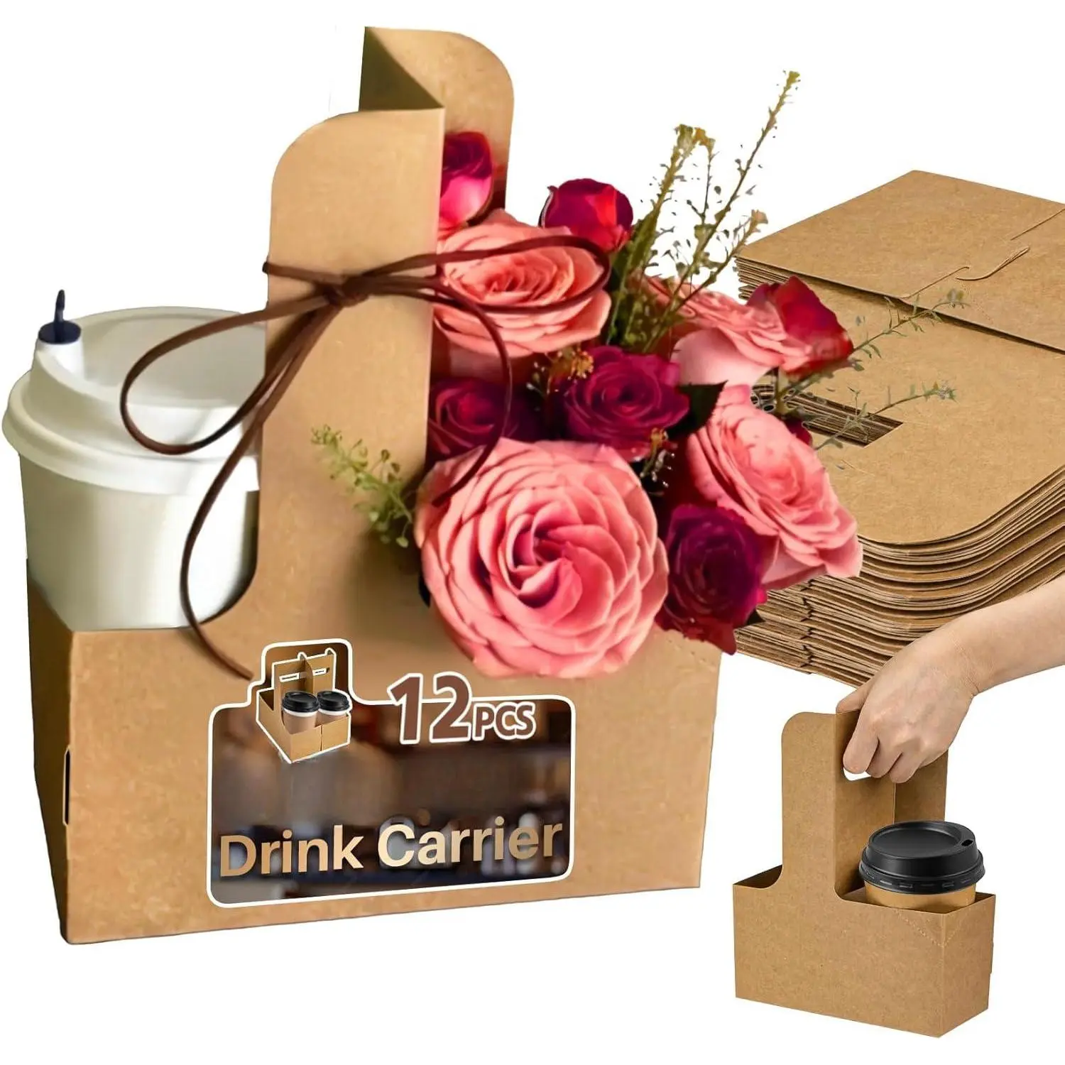 2 Cup Drink Carrier with Handle - 12Pcs Disposable Cardboard Coffee Holder Portable Foldable Tray Caddy Carriers to go Food Delivery Accessories for Hot/Cold Drinks