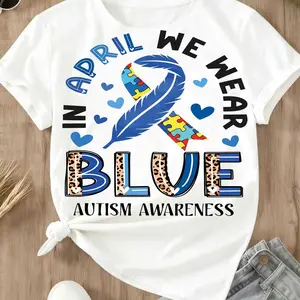 In April We Wear Blue Shirt, Autism Awareness Ribbon Tee, Puzzle Piece Graphic Shirt, Women Autism Awareness Month T Shirt