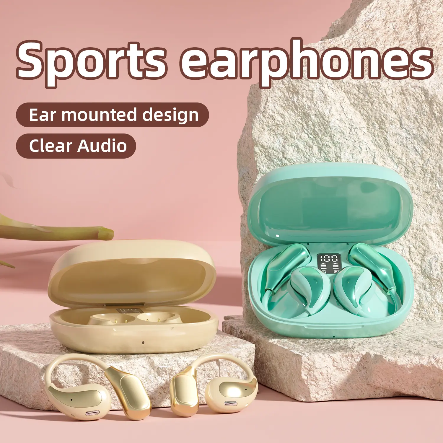 Open Ear Soft Ear Hook Wireless Sports Bluetooth Earbuds, Touch Control Headphones with Digital Power Display, Secure Non In-Ear Design Comfort Fit for Running Gym Workout