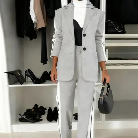 Women's Striped Print Blazer Jacket & Wide Leg, Casual Fitted Suit for All Seasons, Stylish Ladies' Clothing Ensemble, Clothing Sets, Matching Suits
