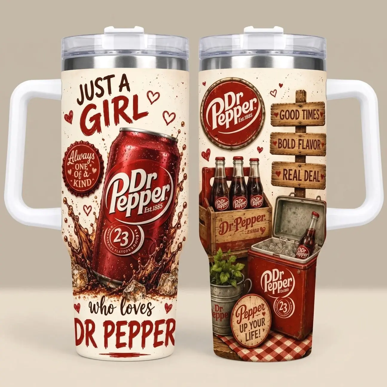 Just A Girl Who Loves Dr Pepper 40oz Tumbler With Handle, 20oz Stainless Steel Travel Mug, 23 Flavors Soda Lover Insulated Cup, Vintage Soft Drink Graphic Vacuum Tumbler, Hot & Cold Coffee Mug, Gift for Women, Beverage Fan Drinkware