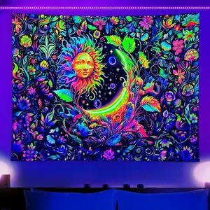 Sun & Moon Pattern Tapestry, 1 Count UV Reactive Flower & Plant Pattern Tapestry, Aesthetic Hanging Blanket for Bedroom & Living Room, Wall Hanging Tapestry