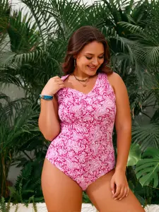 New women's plus-size one-piece swimsuit, floral print, round neck, tummy-concealing, conservative triangle panty style beachwear swimsuit