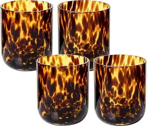 Shell Drinking Glasses Set of 4, Brown Decorative Tortoise physkoa  Shell Tumbler Cups for Wine & Drinks，Drinking Glasses for Wedding Gifts, Housewarming, Cocktail Party (4, 10oz)