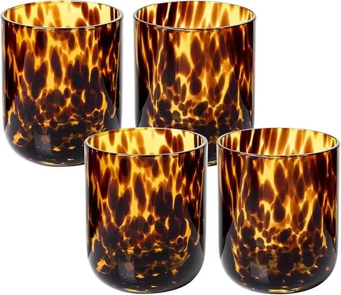 Shell Drinking Glasses Set of 4, Brown Decorative Tortoise physkoa  Shell Tumbler Cups for Wine & Drinks，Drinking Glasses for Wedding Gifts, Housewarming, Cocktail Party (4, 10oz)