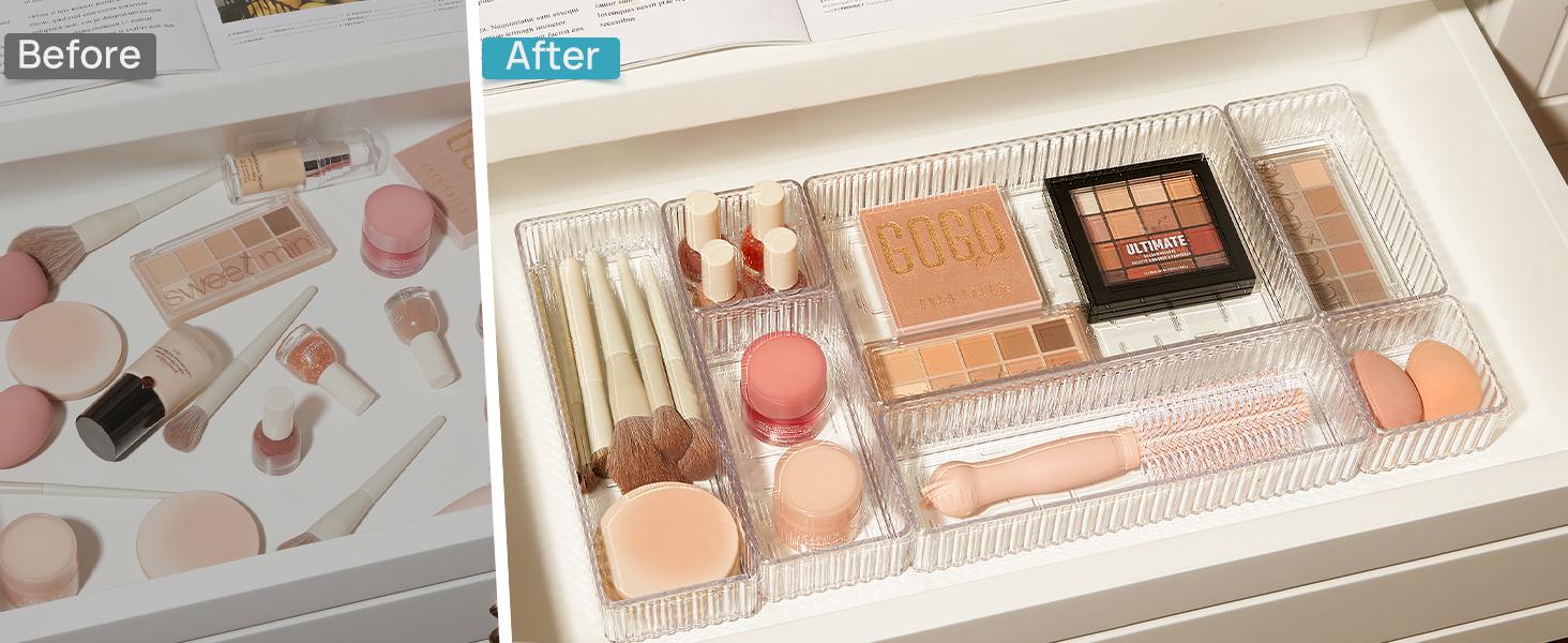 RaybeeFurniture 7-9 PCS Clear Drawer Organizers Bins, 4 Sizes Stackable Acrylic Makeup Drawer Organizer for Bathroom, Vanity, Kitchen, Office, Bedroom, Storage Trays for Cosmetics, Skincare, Jewelry, Gadgets, Home Organization, Must-Have for Small Spaces RaybeeFurniture 7-9 PCS Clear Drawer Organizers Bins, 4 Sizes Stackable Acrylic Makeup Drawer Organizer for Bathroom, Vanity, Kitchen, Office, Bedroom, Storage Trays for Cosmetics, Skincare, Jewelry, Gadgets, Home Organization, Must-Have for Small Spaces