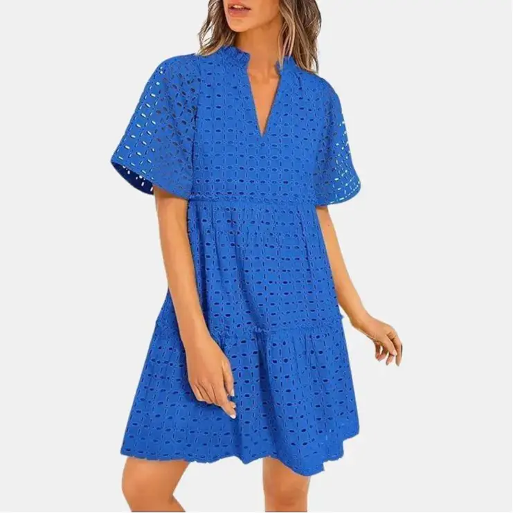 PrettyGarden Trendy Short Sleeve Mini Dress | V-Neck Eyelet Ruffle Dress | A-Line Swing Summer Outfit | Chic Hollow Out Dress for Women Minimalist