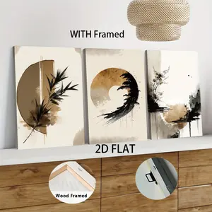 3pcs Framed  Chinese Style Ink Bamboo Leaf Decorative Painting Solid Wood Frame Canvas Wall Art for Living Room Zen Circular Home Decoration Modern Minimalist Wall Hanging Artwork 2D Flat home decor