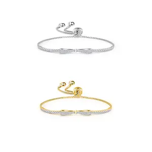 925 Sterling Silver Bow Bracelet | Sparkling CZ Adjustable Bolo Bracelet | Perfect Valentine's Gift for Her