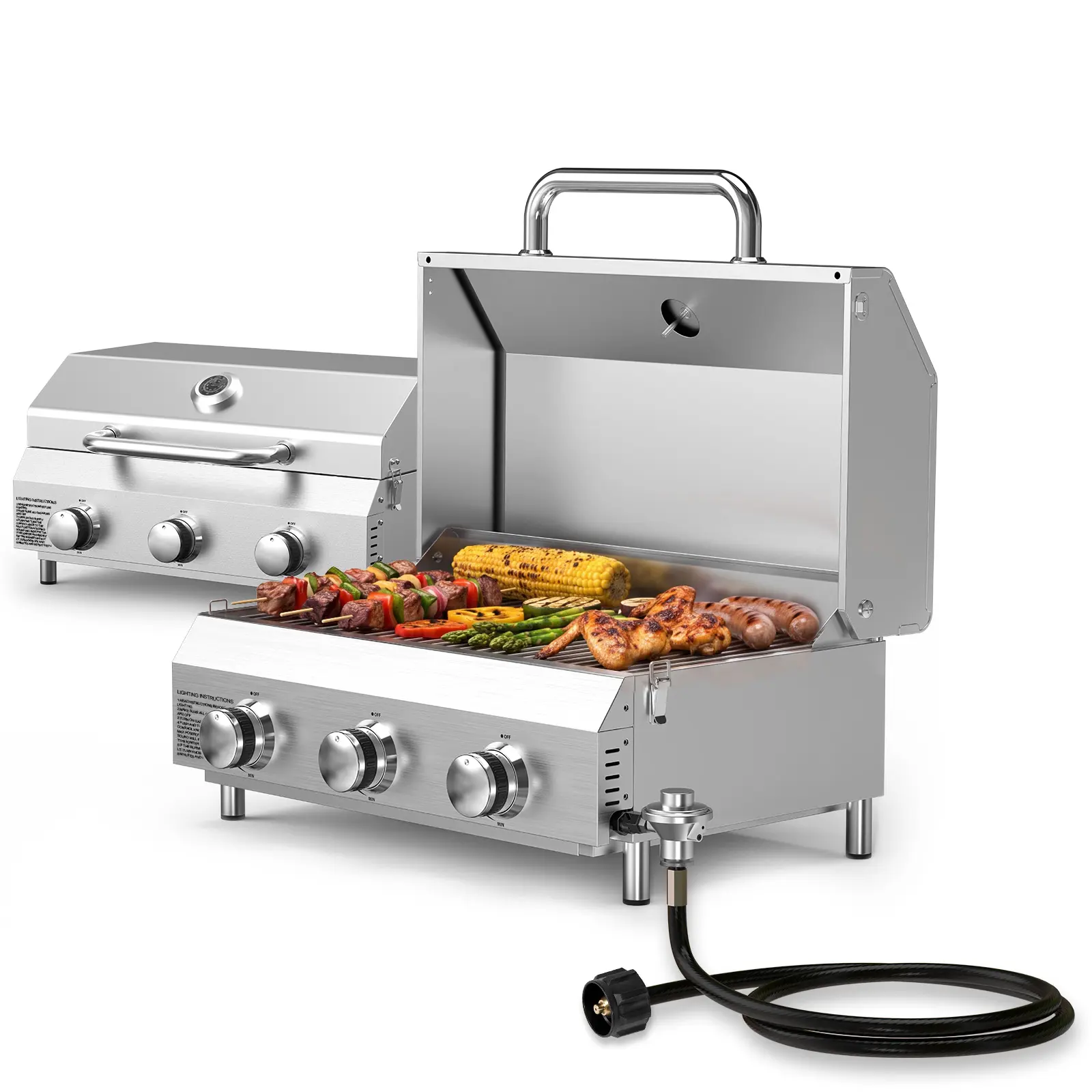 BESTFIRE Dual-Fuel Portable Tabletop Gas Grill – 3 Burners, 30K BTUs, Stainless Steel Build with Removable Legs – Compact Modern Barbecue for Backyard and On-the-Go Outdoor Cooking stove Propane bbq regulator picnic cooker