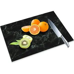 Tempered Glass  Board for Kitchen, 16"x12" Black Marble  Glass  Board, Glass Chopping Board with Rubber Non Slip , Heat Resistant, Shatter Resistant, Dishwasher Safe