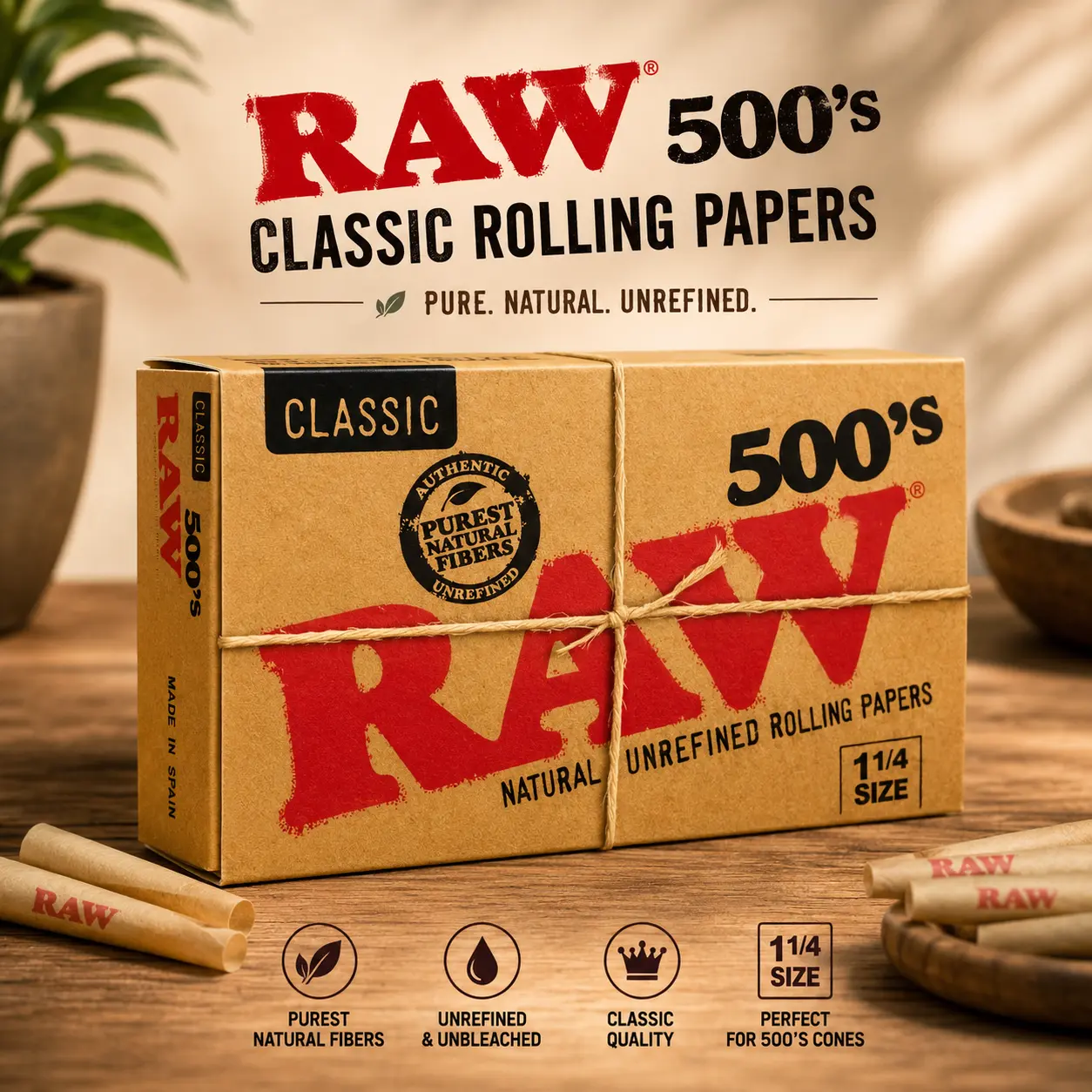 500's Classic Natural Unrefined Rolling Paper 1 1/4 79mm Size (1 Pack)