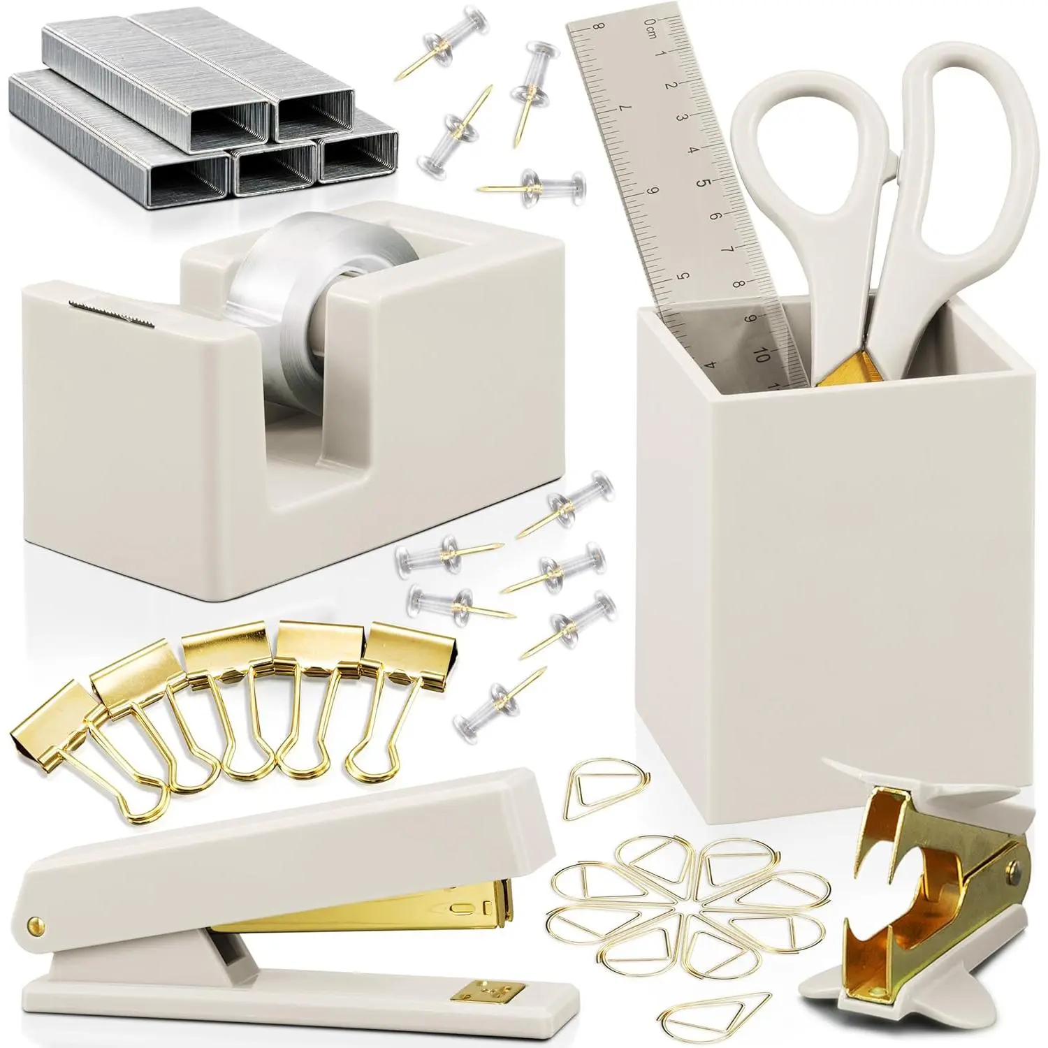 Aesthetic Gold Finish Desk Accessories Set for Women, Complete Office Supplies Kit for Home & Office Decor with Stapler, Pen Holder & More, Office Desk Accessories