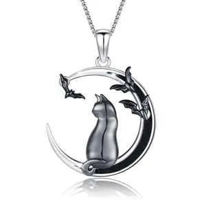 DRINSPER S925 Black Cat with Bat Necklace Sterling SIlver Jewelry