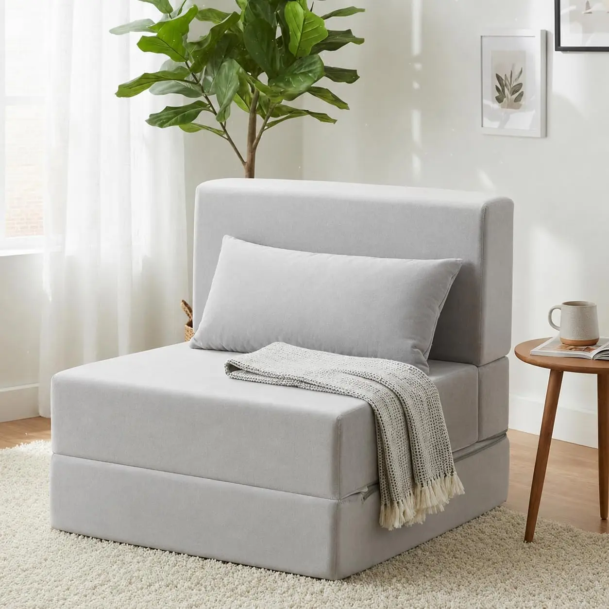 Folding Sofa Bed, Convertible Sleeper Chair, No Assembly, Grey Boneless Sofa Couch, Foldable Mattress & Back Support, Portable Floor Lounger Futon for Small Apartment, Dorm, Guest Room