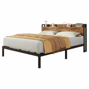 King Size Bed Frame With Storage Headboard And Charging Station Built In USB Ports And AC Outlets Heavy Duty Metal Platform Bed No Box Spring Needed Rustic Brown