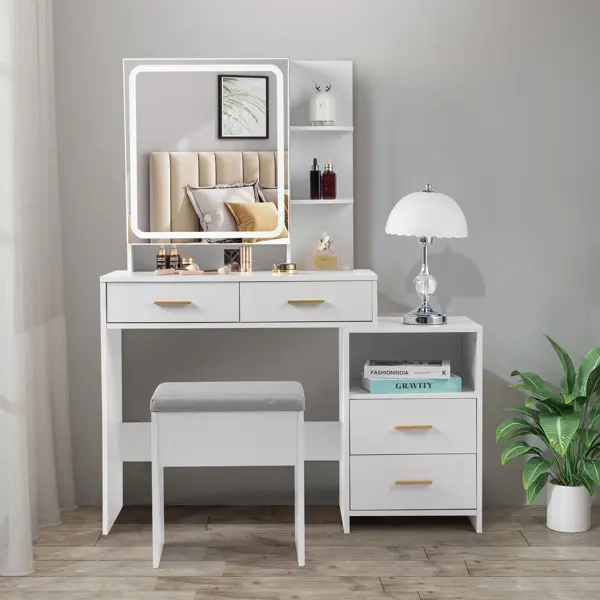 Makeup Vanity Desk Set with LED Light Mirror & Cushioned Stool, Dressing Table with Mirror Cabinet, 4 Drawers, Storage Cabinet & 2 Open Shelves, Bedroom Vanity for Women & Girls,White
