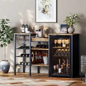 Fridge Cabinet Stand with Storage, Coffee Bar Cabinet with Mini Fridge Space and Wine Rack & Glass Holder, Microwave Stand Bakers Rack with Reversible Frame