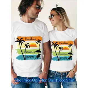 1 Pair of Matching Cotton Couples T-Shirts with Tropical Vacation Design, "Vacation Destination" Graphic, Regular Fit, Machine Washable, His and Hers Tee for Casual Wear, Matching Couple Outfits | Tropical Graphic Tee | Cotton Material, Cotton T Shirts