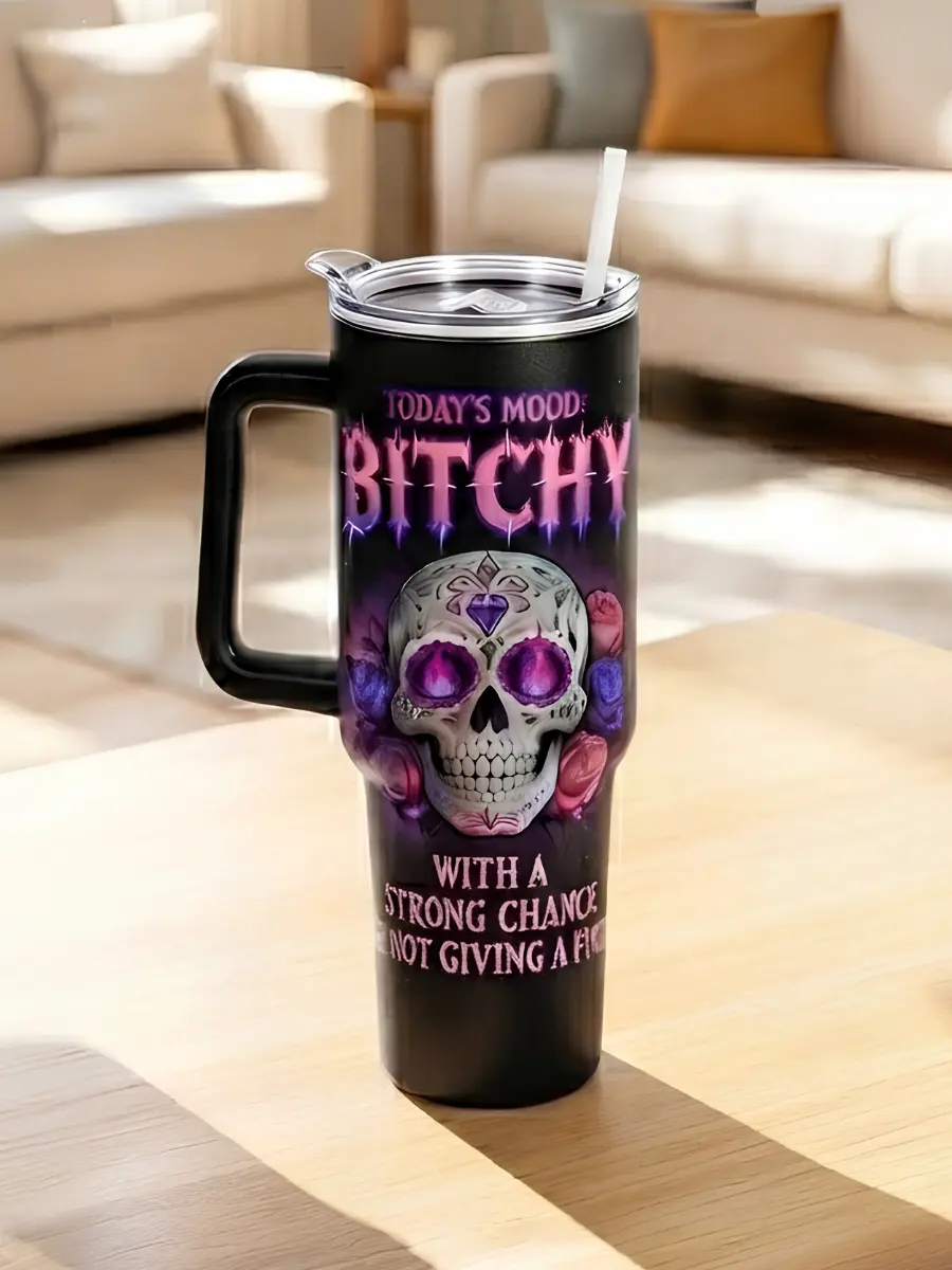 40oz Stylish Reusable Stainless Steel Flask - Sugar Skull Printed, Double Wall Insulated Drinkware, BPA-Free, Plastic-Free, Handle, Lid, Straw, Dia De Los Muertos Gothic Coffee Travel Mug, Gift Idea for Birthdays (Father's Day)