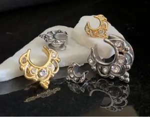 PAIR of Stunning Floral Filigree CZ Gems Saddle Surgical Steel Ear Spreader Hanger-Tunnels/Plugs -Gauges 0g (8mm) thru 1" (25mm)