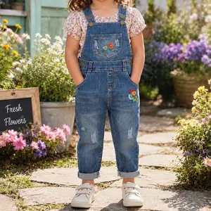 KIDSCOOL SPACE Toddler Embroidered Denim Overalls, Unisex 12M-5T Soft Jean Jumper for Spring
