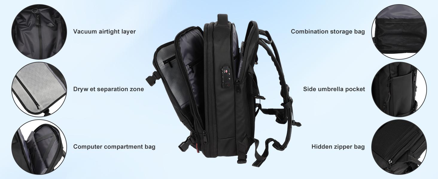 Vacuum Seal Backpack Travel 60L Expandable Backpack with Compression System, TSA Lock Water Resistant Carry-On Backpack (with Pump)