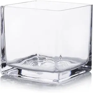 Square Glass Cube Vase (4x4 Inch) - Set of 1 with Floating Candle Holders for Wedding Centerpieces &  Office Decor