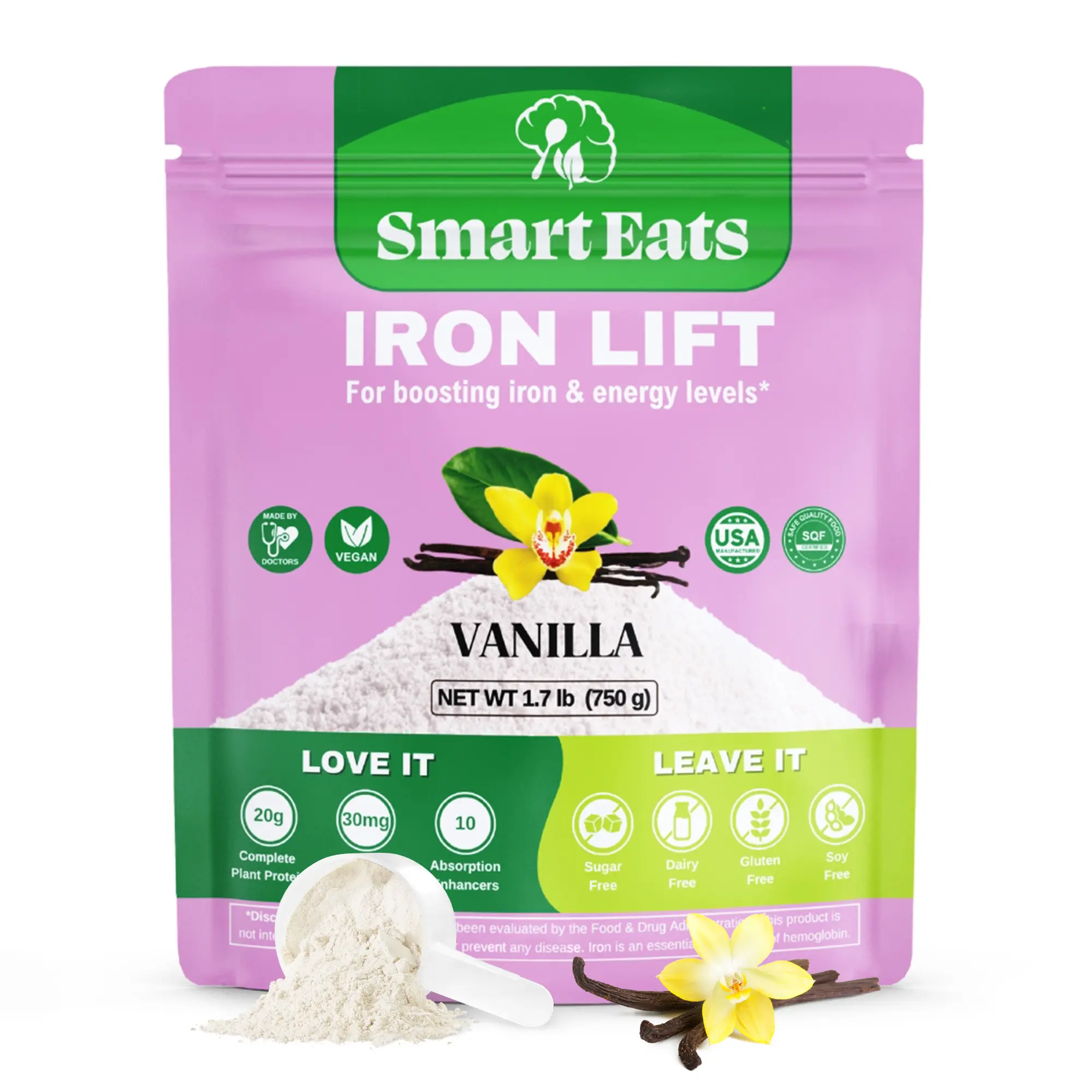 Smart Eats - High Iron Drink & Smoothie Powder with Protein, Vitamins, Fiber, Antioxidants | Support Energy, Hair, Blood, Brain, Gut | Vegan Vanilla Flavor - 30 Scoops